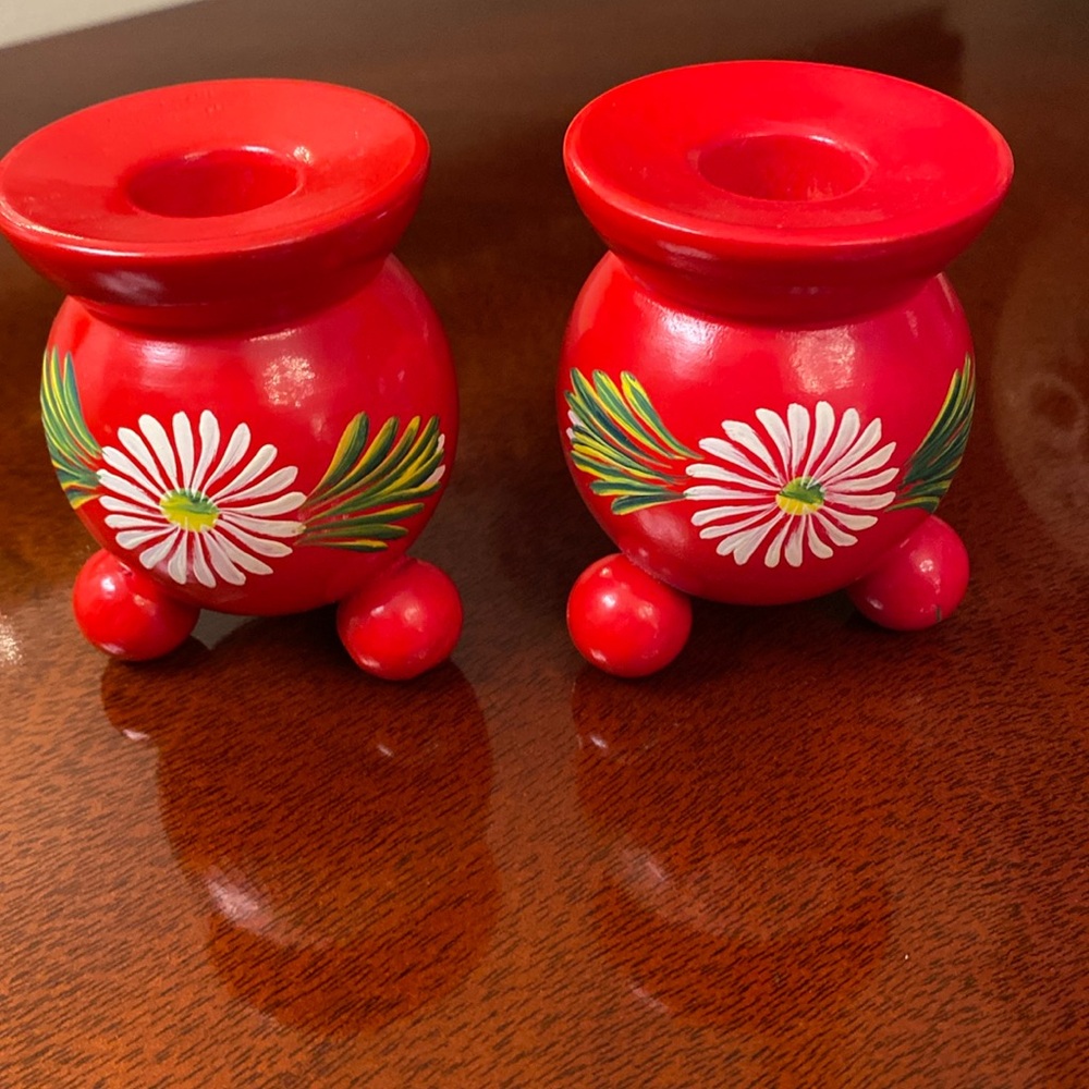 Two Vintage Swedish Traditional Wooden Red Candlesticks • 🎉 Host Pick 🎉